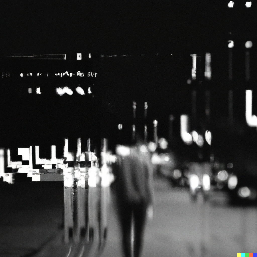 The Monochrome Man walking through a cityscape at night, glitched